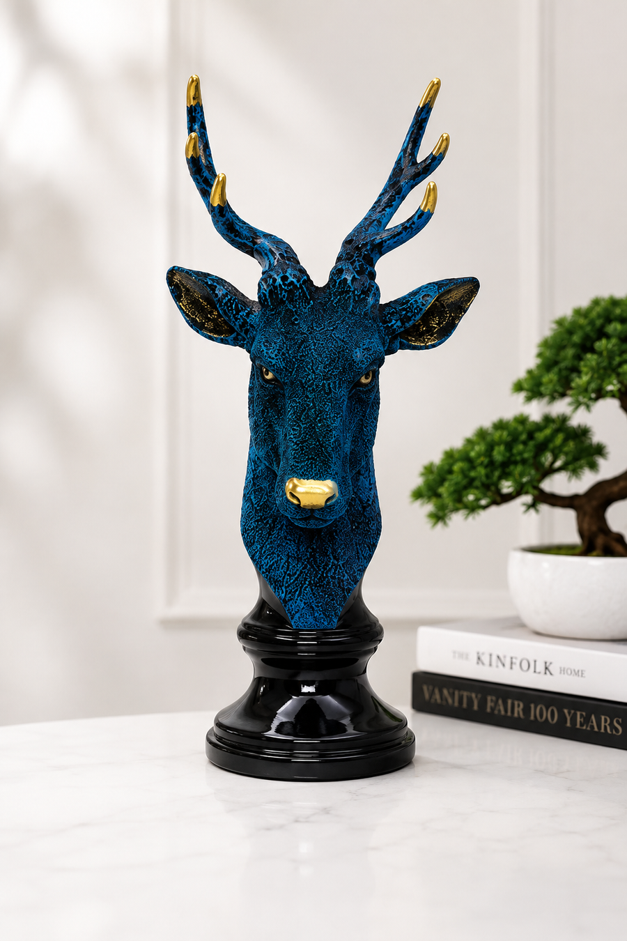 Antique Deer Face Showpiece for Home Decor (Blue & Black) Polyresin- 12 Inch